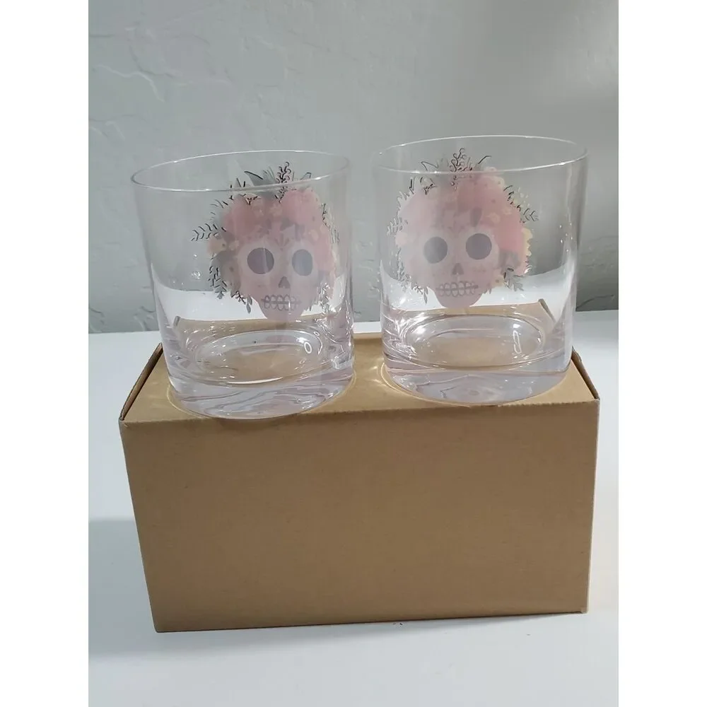 Paper Source Sugar Skull Glasses Set of 2 8 oz Glasses Tumblers New